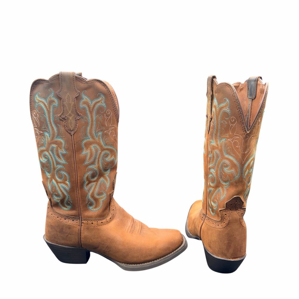Justin Leather Western Boots Tan Turquoise Stitch Women 7B